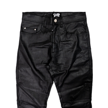 Load image into Gallery viewer, BLACK BOTTOM LACED WAX DENIM PANTS
